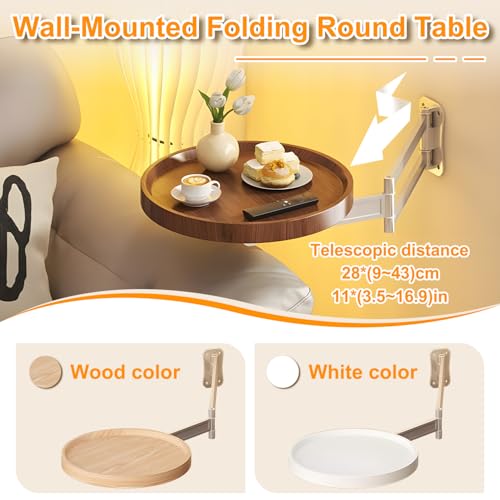 Round Wall Mounted Folding Table for Small Spaces, 11.8" x 11.8" | Floating Wall Mount Side Table, Retractable Wall Desk Fold Down, Solid Wood Tabletop with Aluminum Alloy Brackets (White) - color: White