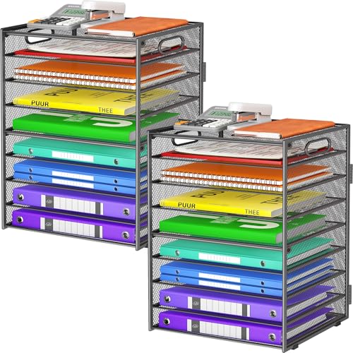 Cawukege 9 Tier Paper Organizer with Handle, 2 Pack Large Capacity Desk Organizer Mesh Paper Letter Tray File Folder Document Sorter for Classroom and Office Accessories Organization- Grey (2 Pack) - color: 2 Pack - Grey