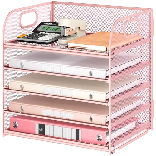 5 Tray Paper Organizer Letter Tray with Handle - Mesh Desk File Organizer, Paper Sorter Organizer for Office, Home or School File Folder Holder - Pink - color: 5 Tier - Pink, size: 12.6" x 9.1" x 11.5"
