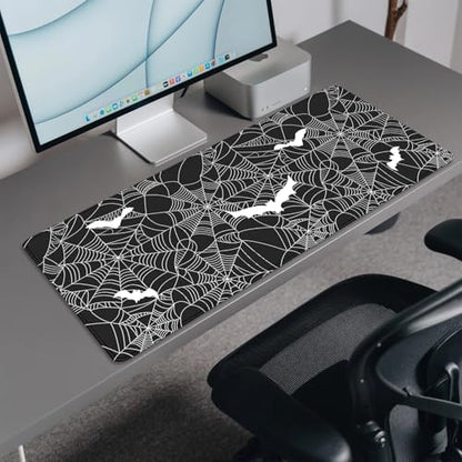 Black Spider Web Desk Pad Mouse Pad,Large Gaming Bat Mouse Mat with Stitched Edges,Non-Slip Waterproof Rubber Base Mousepad for Office Work Home Desk Mat(27.5X11.8 in) - color: Spider Webs and Bats