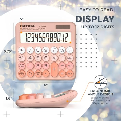 CATIGA Mechanical Switch Calculator with Solar and Battery Dual Power, 12-Digit Large LCD Display, Aesthetic and Cute Desktop Calculator with Big Button, for Home, School and Office Use, SD-1299 - color: Z) Peach
