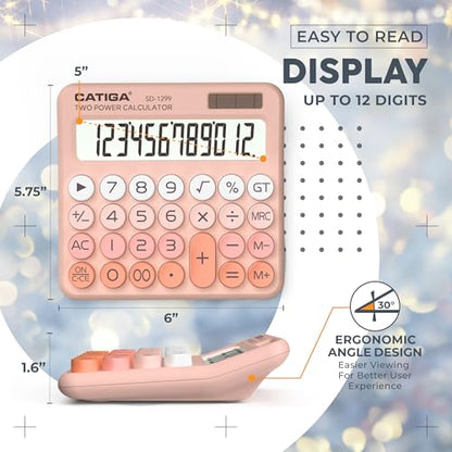 CATIGA Mechanical Switch Calculator with Solar and Battery Dual Power, 12-Digit Large LCD Display, Aesthetic and Cute Desktop Calculator with Big Button, for Home, School and Office Use, SD-1299 - color: Z) Peach