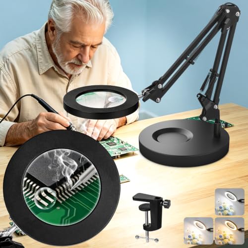 KIRKAS Magnifying Glass with Light and Stand, 12X 30X 9.06in Clamp & Base | Magnifier Adjustable Color Dimmable for Craft Hobby Repair Sewing Beading Close Work, LED Lighted Desk Lamp Swivel Arm Black - color: Black, size: 12X 30X-9.06in 2-in-1