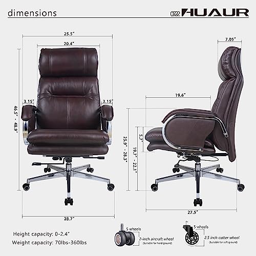 Genuine Leather Modern Executive Chair High-Back Support 90 to 150 Degrees Tilt and Upholstered Home Desk Chair with Base 360LB Capacity Swivel Computer Office Chair (Brown) - color: Brown
