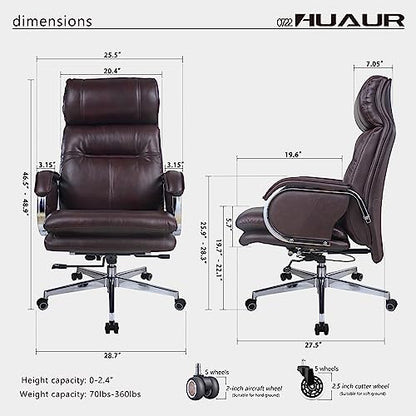 Genuine Leather Modern Executive Chair High-Back Support 90 to 150 Degrees Tilt and Upholstered Home Desk Chair with Base 360LB Capacity Swivel Computer Office Chair (Brown) - color: Brown