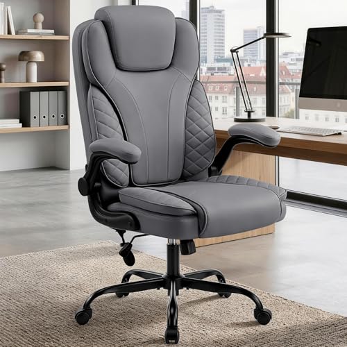 Ergonomic Office Chair, PU Leather High Back Executive Chair with Adjustable Inflatable Lumbar Support and Padded Flip-Up Arms, Recline Swivel Task Computer Chair for Home Office, Gray - color: Grey