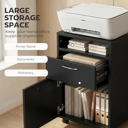 HOMCOM Mobile Storage Cabinet Organizer, Bathroom Drawer Cabinet, Black | Printer Stand, Castors - color: Black