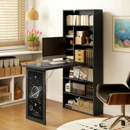Folding Wall Mounted Murphy Desk with Storage & Bookcase(Black) | Expandable Hidden Computer Desk with Blackboard, Foldable Space Saving Office Table Pull Out Murphy Table for Small Spaces - color: Black
