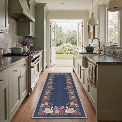 Bavni 2X5 Washable Runner Rug for Kitchen, Animal Swan Garden Non Slip - color: Antique Navy, size: 2' x 5' (Rectangular)