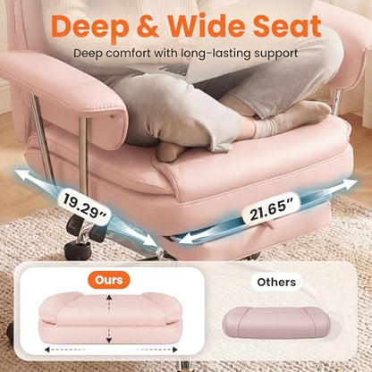 NEO CHAIR Big & Tall Leather Office Chair, High Back, Lumbar Support, Pink | Gaming Chair for Adults and Computer Use, Reclining Office Chair with Foot Rest, Massage, Comfy Design and Heavy Duty Support - color: Pink