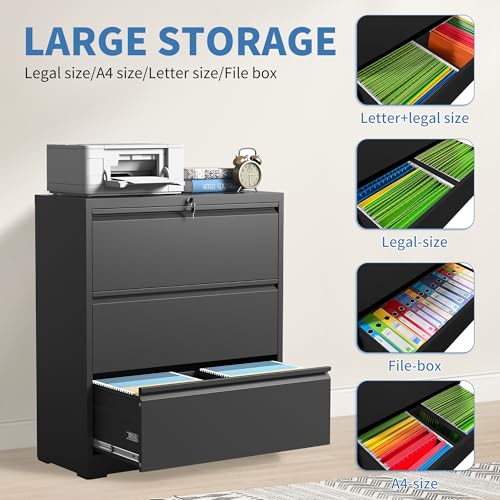 3 Drawer File Cabinet with Lock, Metal Lateral Filing Cabinets - color: Black, size: 3 Drawer_ 35"W