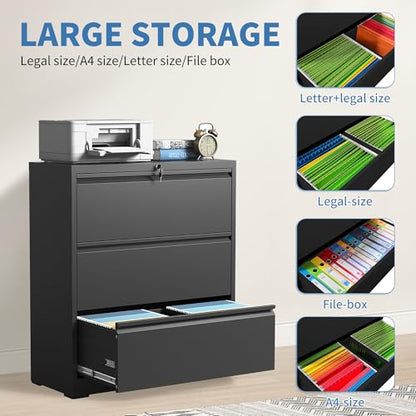 3 Drawer File Cabinet with Lock, Metal Lateral Filing Cabinets - color: Black, size: 3 Drawer_ 35"W