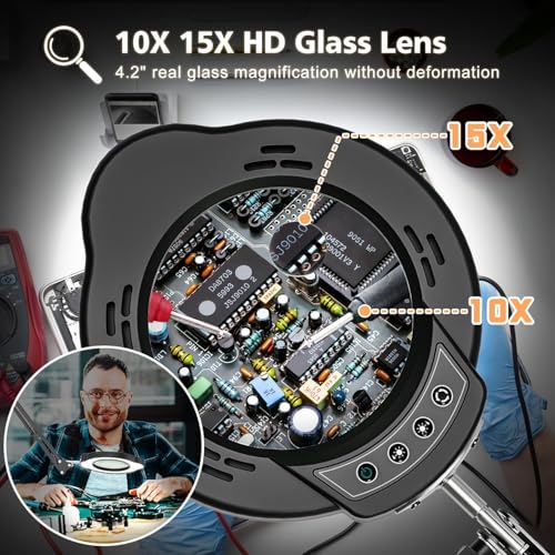 Magnifying Glass with Light and Clamp, 15X 10X Desk Magnifying Lamp, 84 LED Real Glass Lens Magnifier, 5 Color Modes Stepless Dimmable, Adjustable Hands Free Table Lamp for Repair Crafts Hobby Sewing
