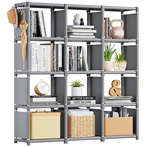 Mavivegue Book Shelf, 12 Cube Storage Organizer, DIY Bookcase, Metal Cube Bookshelf,Tall Book case for Bedroom, Living Room,Office,Closet Storage Organizer, Grey Cubicle Storage Rack - color: Grey, size: 12-Grid