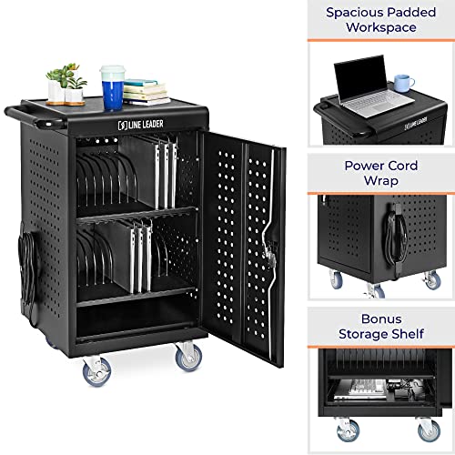 Line Leader 30 Unit Mobile Charging Station Cart w/Locking Cabinet, Standing Computer Charger Stand for Tablets, Laptops, Chromebooks, 5-Min Assembly UL-Certified, ANSI/BIFMA Standard with Power Cord - size: 24.25" x 21" x 38"