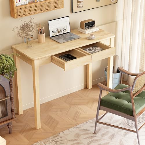 Solid Wooden Desk with Drawers - 39 x 16 Inch Rubberwood Narrow Desks, Simple Modern Study Table, Small Writing Desk for Bedroom|Small Spaces - Natural Boho Desks - color: Natural, size: 39.4 in W x 15.7 in D