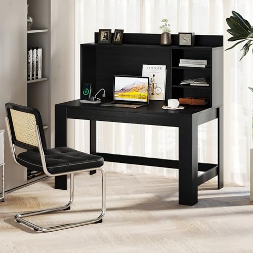 GIANTEX Computer Desk with Hutch, Modern Home Office Desk with Power Outlets, Storage Shelves & Cable Hole, Makeup Vanity Table, Study Writing Desk for Bedroom Office Small Space (Black) - color: Black