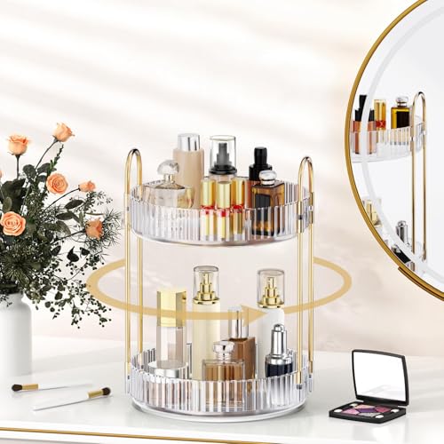 MOKANI 360 Rotating Makeup Organizer for Vanity, 2 Tier Perfume Organizer | Adjustable Multi-Function Spinning Cosmetics Skincare Storage for Bedroom, Dresser, Countertop, Clear - color: B-Clear, size: 2 Tier