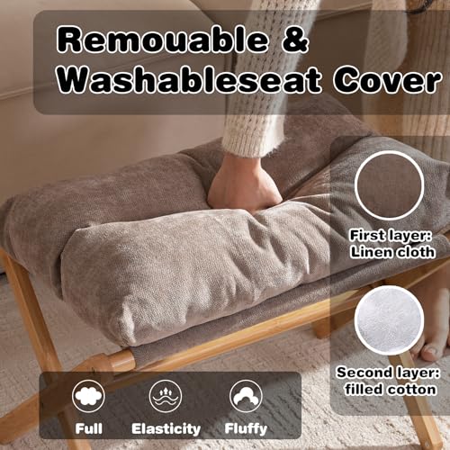 Baveke Folding Foot Stool, Small Accent Ottoman with Thick Cotton Cushion & Bamboo X Legs, Modern Padded Sofa Stool for Makeup Bedroom Living Room (Brown) - color: Light Brown, size: 21.3"D x 13.4"W x 18.5"H