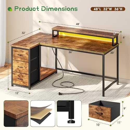 EnHomee 48" L Shaped Desk with 3 Storage Drawers for Teen Gamers Home Study - color: Rustic Brown, size: 48 Inch
