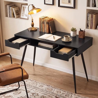 Tangkula Mid Century Modern Computer Desk | Writing Desk with 2 Drawers & Open Center Storage, Small Wooden Study Table for Home Office & Compact Spaces (Black) - color: Black