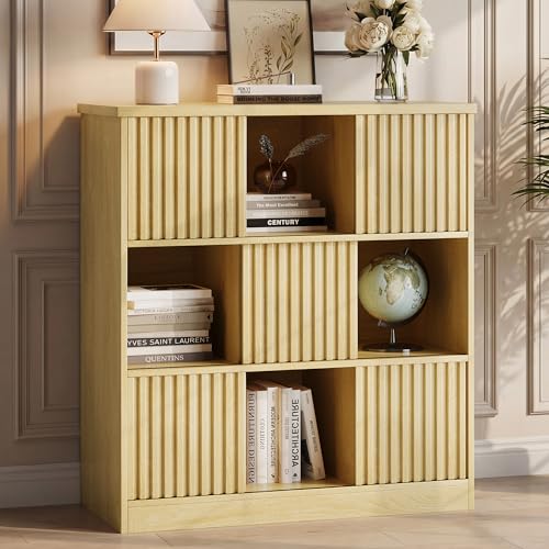Einhomn Cube Storage Organizer with Sliding Doors, Wooden Bookshelf Storage Cabinet, 9 Cube Bookcase Organizer for Living Room Bedroom Office, Natural - color: Natural, size: 9 cube