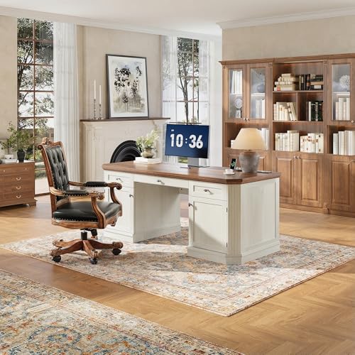 59" Classic Executive Desk with Storage, Victorian Executive Desk with Charging Station, Keyboard Tray, 3 Drawers & Cabinet Storage & Pedestal, Easy Assembly, White - color: White