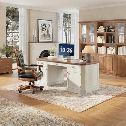 59" Classic Executive Desk with Storage, Victorian Executive Desk with Charging Station, Keyboard Tray, 3 Drawers & Cabinet Storage & Pedestal, Easy Assembly, White - color: White