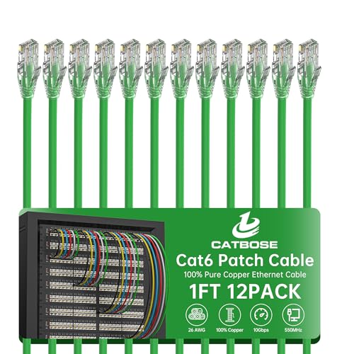 1 Foot Cat6 Patch Cables(12 Pack), Solid Pure Copper Patch Cord, Cat 6 Ethernet Cable, UTP Network, High Speed RJ45 Internet Cables, Compatible for Router, Switche, PC, Server, PS4/5, Xbox - Green - color: Green, size: 1FT, style: 12 Pack