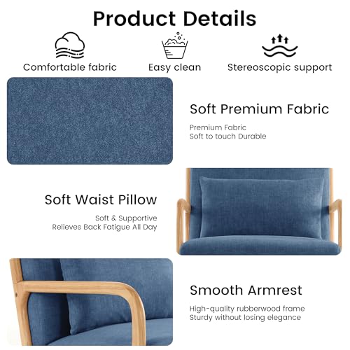 Mid Century Modern Accent Chair Set of 2, Upholstered Chair for Living Room, Accent Chair with Lumbar Pillow Solid Wood Frame Reading Chair Armchair for Bedroom Small Spaces, Blue - color: Blue