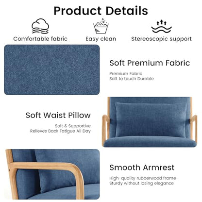 Mid Century Modern Accent Chair Set of 2, Upholstered Chair for Living Room, Accent Chair with Lumbar Pillow Solid Wood Frame Reading Chair Armchair for Bedroom Small Spaces, Blue - color: Blue