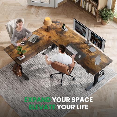 SIAGO L-Shaped Standing Desk - 63 x 55 Inch Adjustable Corner Standing Desk with Charging Station - L Shape Sit Stand Table with Memory Controller, Splice Board for Home Office - color: Rustic Brown, size: 63 x 55 Inch