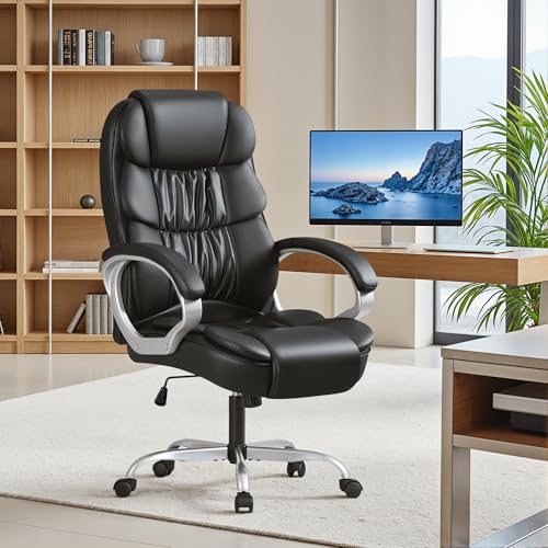 Furmax Leather High Back Office Chair Ergonomic Executive Office Chair Swivel Computer Desk Chair Lumbar Support Soft Cushioned Padded Arms (Black) - color: Black