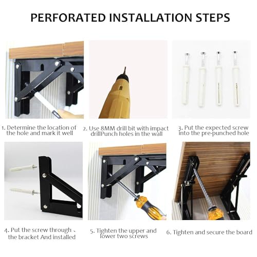 Storystore Folding Shelf Brackets - 8 Inch Heavy Duty Metal Collapsible Shelf Bracket for Bench Table, Shelf Hinge Wall Mounted Space Saving DIY Bracket, Max Load: 150 lb (2 PCS, Black) - size: 8 Inch