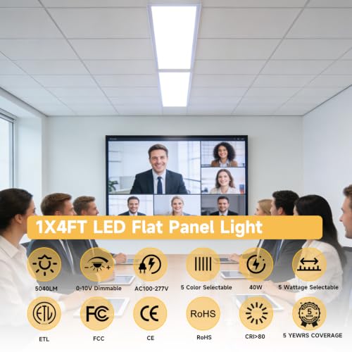 6 Pack 1x4 LED Flat Panel Lights with 5CCT Selectable, 5040LM, ETL | 40W/35W/30W/25W/20W,6500K/5000K/4000K/3500K/3000K,0-10V Dimmable, LED Drop Ceiling Fixtures for Office Meeting Classroom - size: 1x4FT 6PACK