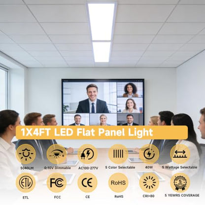 6 Pack 1x4 LED Flat Panel Lights with 5CCT Selectable, 5040LM, ETL | 40W/35W/30W/25W/20W,6500K/5000K/4000K/3500K/3000K,0-10V Dimmable, LED Drop Ceiling Fixtures for Office Meeting Classroom - size: 1x4FT 6PACK