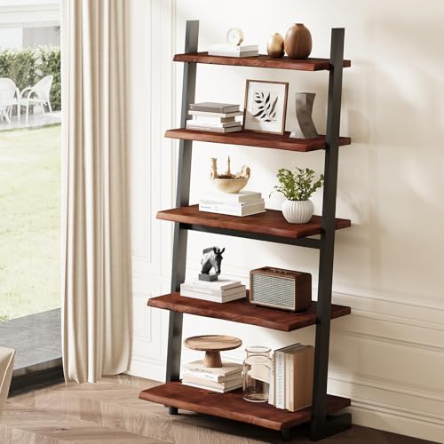 IBF 5-Tier Solid Wood Ladder Bookshelf with Natural Live Edge | Rustic Walnut Storage & Display Leaning Bookcase, Modern Space-Saving Shelf for Living Room, Bedroom, Home Office - size: 5 Tier