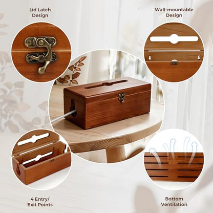 Cable Management Box with Clasp, Soild Wood Cord Box with 4 Open Slots, Cable Box to Hide Cords and Power Strip - size: Medium