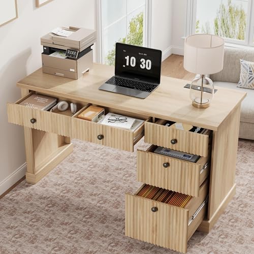 54-Inch Fluted Computer Desk with Drawers and Charging Station - color: Natural, size: 21.6"D x 54"W x 30"H