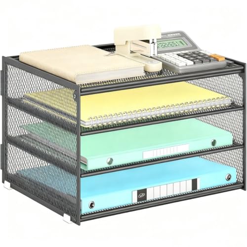 Lavatino 3-Tier Letter Tray Desk Organizer – Grey Mesh Metal Paper File Tray Organizer for Desk, Office Supplies & Home Organization | Fits A4/Letter Paper, Mail, Magazines and Office Accessories - color: 4-tier No Handle - Grey