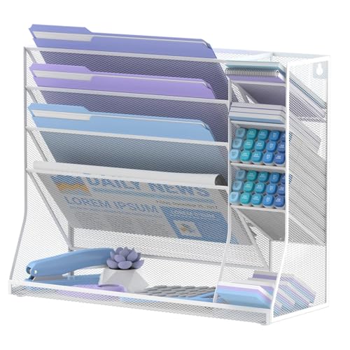 5-Tier Wall File Organizer and Wall File Holder with Bottom Tray, White | Wall Organizer with 5 Vertical Pockets and R-Shaped Tray for Wall Mount or Desktop Storage of Files, Mail and Magazines - color: White