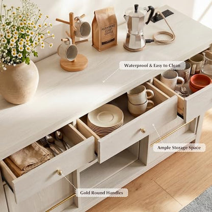 Buffet Cabinet with Storage, Modern Sideboard Cabinet with 3 Drawers, 2 Sliding Doors & Pull-Out Shelf, Coffee Bar Cabinet with Charging Station, Beige