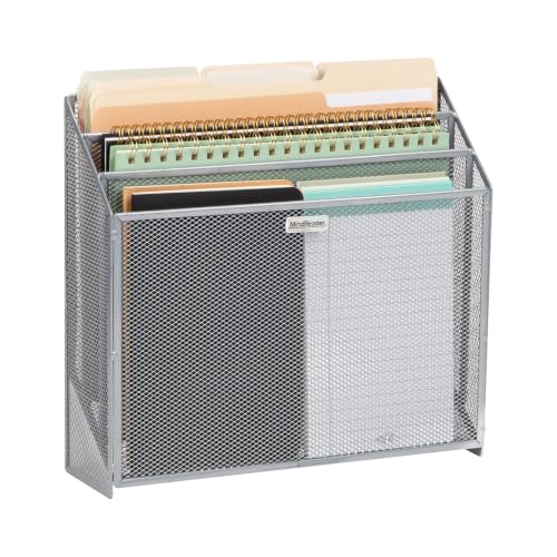 Mind Reader Vertical File Storage, Desktop Organizer, Wall Mount, Office, Metal Mesh, 12.5"L x 3.75"W x 11.5"H, Silver - color: Silver, size: 12.5"L x 3.75"W x 11.5"H