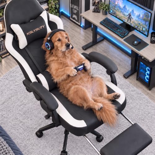 Desk Computer Gaming Chair - High Back Ergonomic Office Chair with Footrest and Lumbar Support, Swivel Comfy Home Gamer Video Game Chairs with Pocket Spring Cushion for Adults (White Leather) - color: Classic White Leather