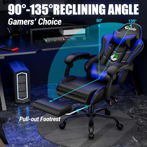 Czlolo Gaming Chair with Footrest Racing Style Lumbar Support Massager Video Game Chair with Metal Legs, High Back Reclining Gamer Chair with Headrest, 360° Swivel Office Computer Desk Chair (Blue) - color: Blue