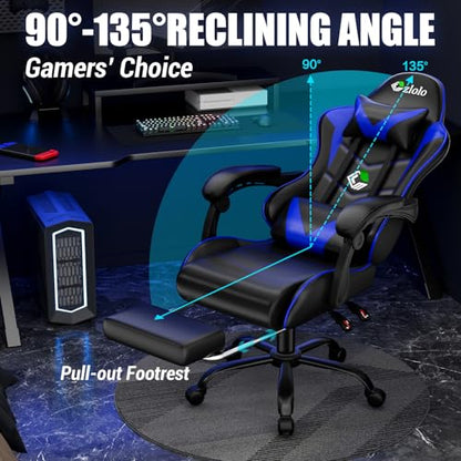 Czlolo Gaming Chair with Footrest Racing Style Lumbar Support Massager Video Game Chair with Metal Legs, High Back Reclining Gamer Chair with Headrest, 360° Swivel Office Computer Desk Chair (Blue) - color: Blue