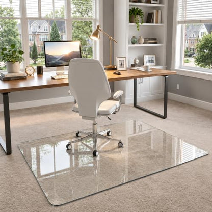 46"x55" Tempered Glass Office Chair Mat for Carpet & Hardwood Floor | 1/5" Thick Clear Floor Protector Desk Chair Mat with Rounded and Polished Edges, Resist Scratching, Cracking, Curling - size: 46"x55"