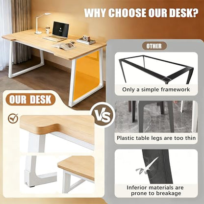 Computer Desk 39.4 Inch Small Office Desk with Wood Top and Metal Frame, Study Writing Desk for Home, Bedroom, Gaming, U-Shaped Leg Design, Modern Simple - color: Frame：white/Board：teak