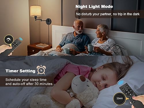 Plug in Wall Sconces with Remote Control, Dimming 10%-100% & Adjustable Colors 2700K-6500K, Hardwire or Plug-in, Swing Arm Wall Lamp with Linen Fabric Shade, Wall Sconces Set of Two, Black Finish - color: Linen(Bulbs+Remote)