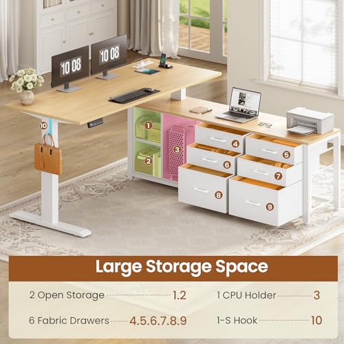 SEDETA L Shaped Electric Standing Desk with 6 Fabric Drawers, Storage - color: Oak